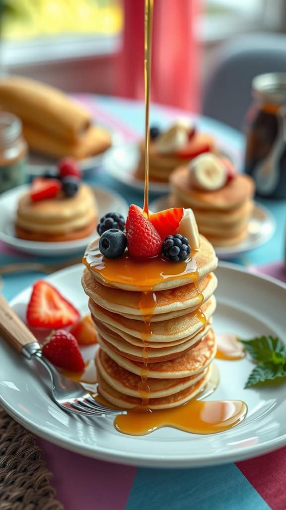 Mini pancake stack cups topped with syrup and fresh fruit