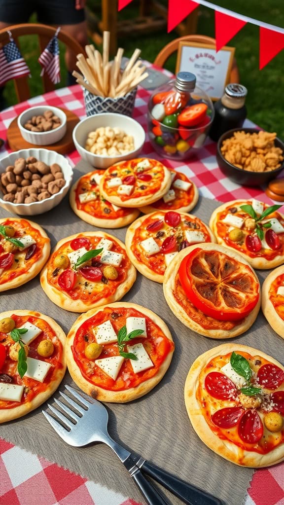 Mini pizzas arranged on a table for a baseball party.