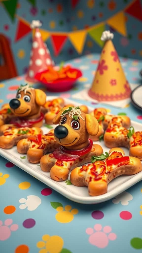 Mini Pup-Pizzas in the shape of dog bones, delicious and fun party food.