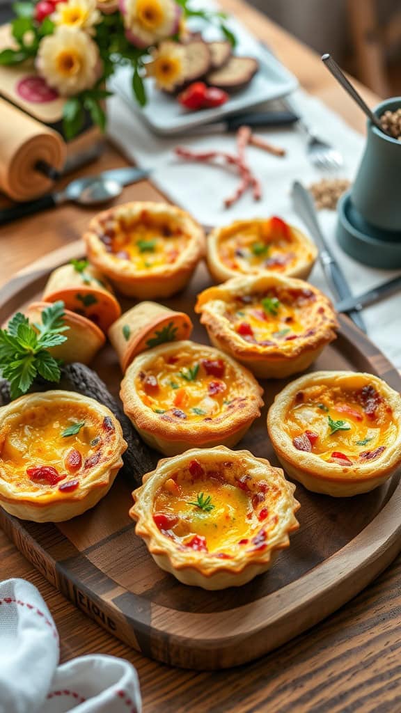 A wooden platter with mini quiches, garnished with herbs, ready for a breakfast party.