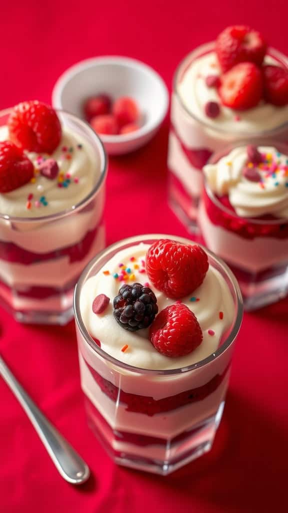 Mini red velvet trifles with cream cheese frosting and fresh berries