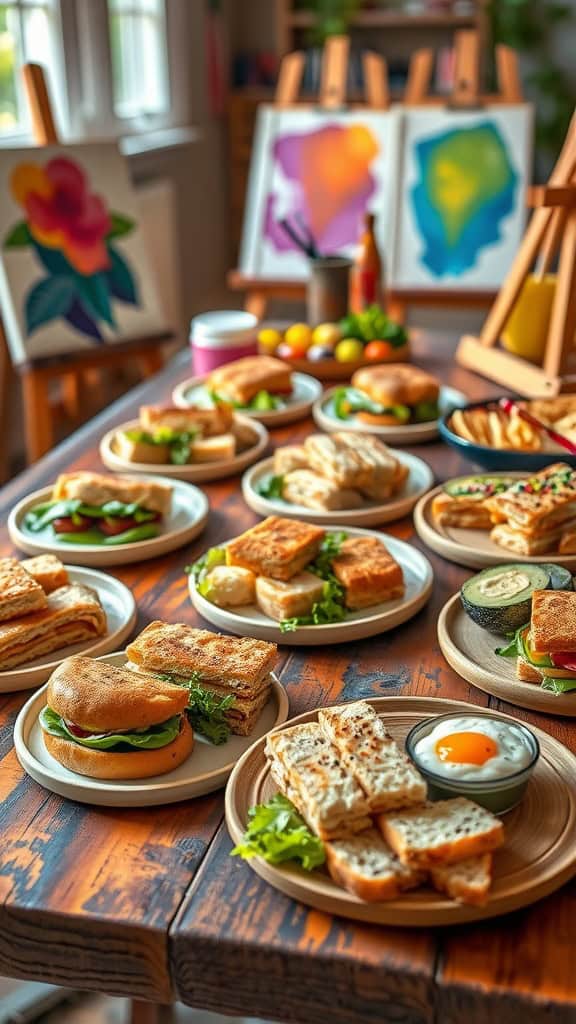 A variety of mini sandwiches arranged on a table, perfect for a paint party.