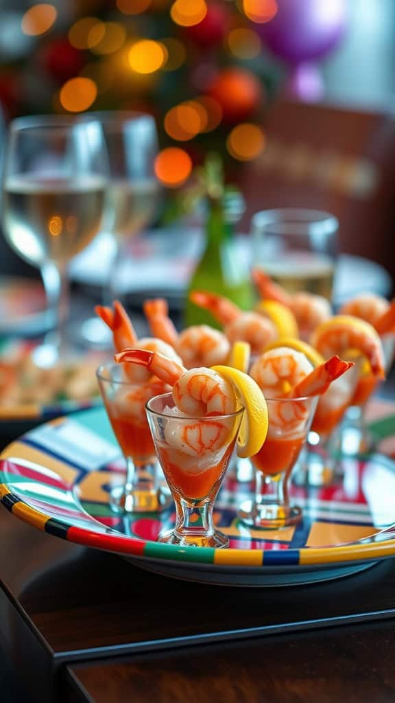 Mini shrimp cocktail shooters served in colorful glasses with lemon and parsley garnishes