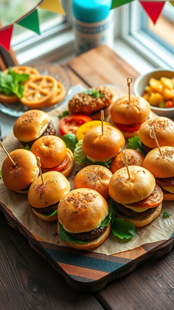 Mini sliders and gourmet burgers arranged on a platter with toppings.