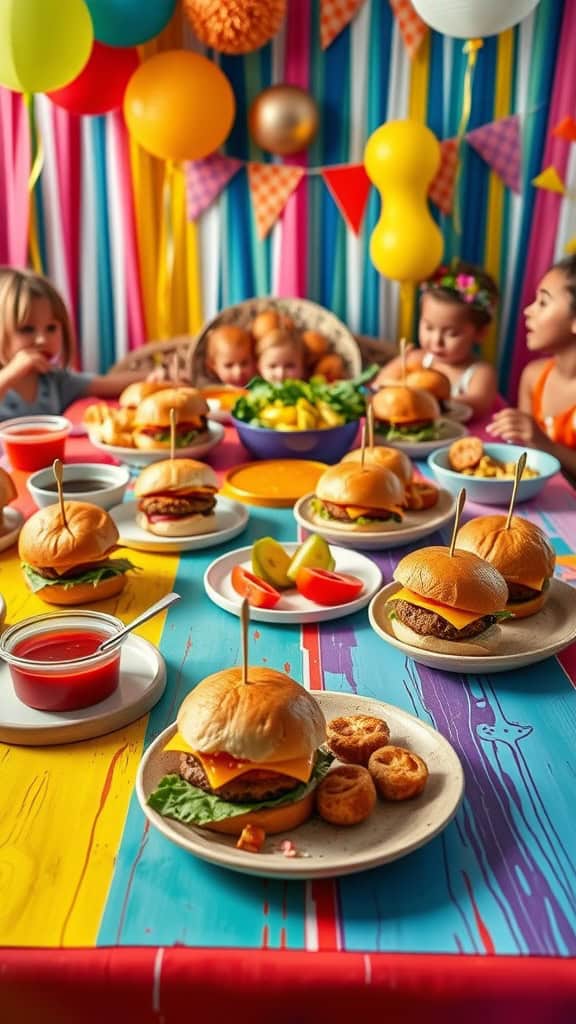 Mini sliders with various toppings arranged on a colorful table for a kids' party.