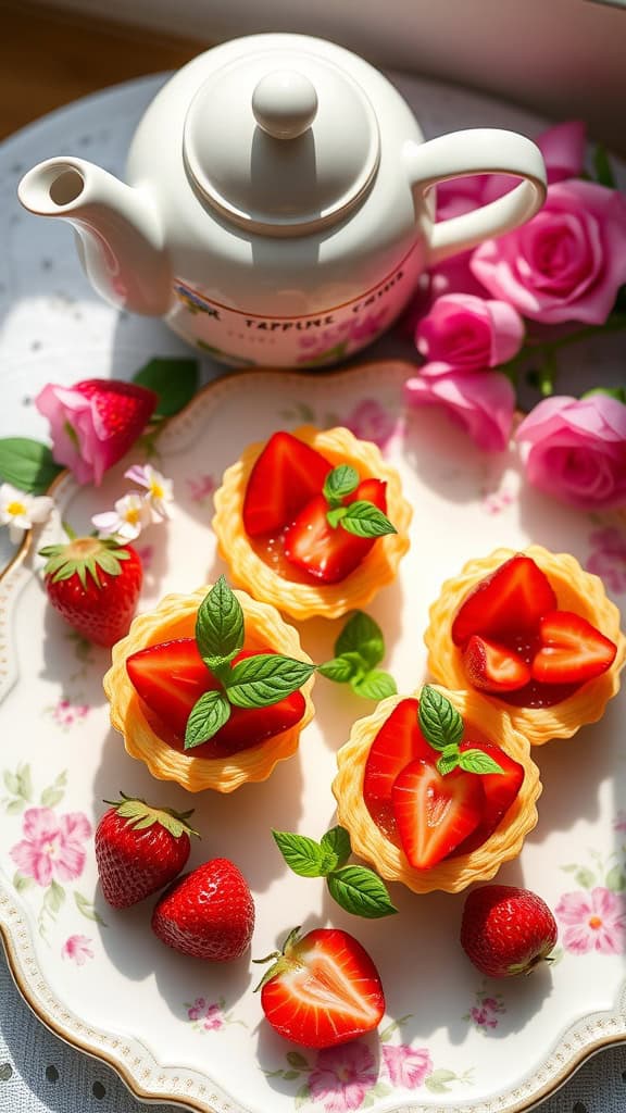 A plate of mini strawberry basil tarts garnished with fresh strawberries and mint leaves.