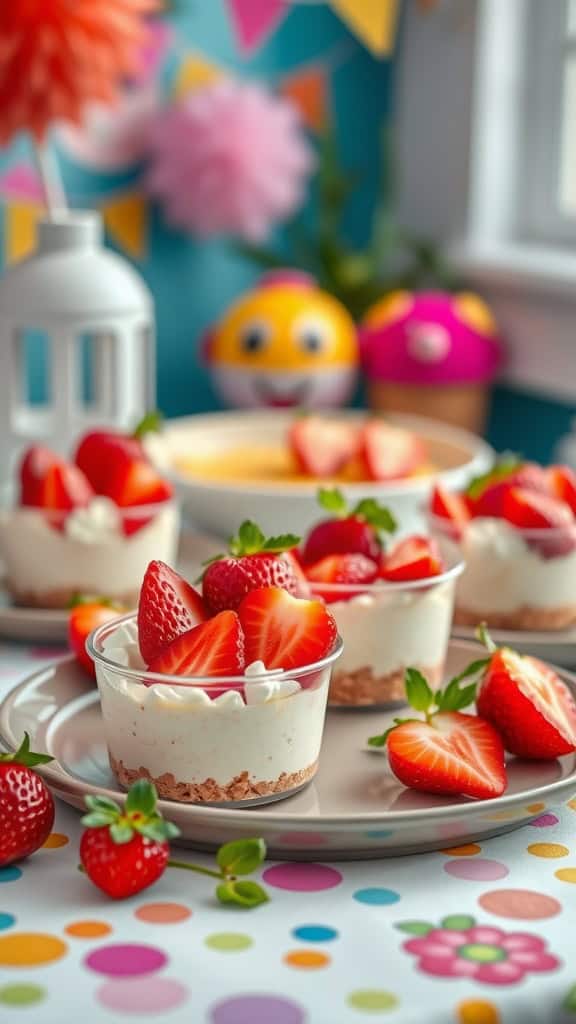 Mini strawberry cheesecake cups with fresh strawberries on top, presented on colorful plates.