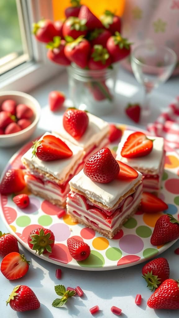 Delicious mini strawberry shortcake bars on a colorful plate, topped with fresh strawberries.