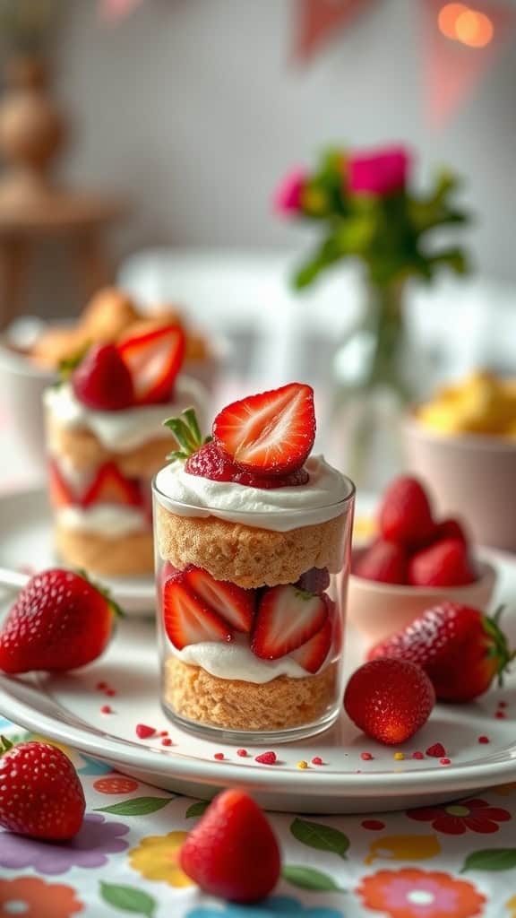 Mini strawberry shortcake shooters layered with strawberries and whipped cream