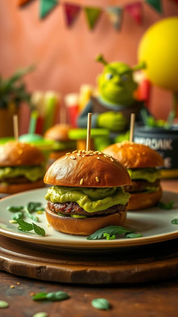 Mini sliders topped with green avocado, placed on a plate with a festive background and Shrek figure