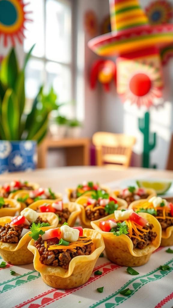 Mini taco cups filled with seasoned meat and colorful toppings, ideal for a Cinco de Mayo celebration.