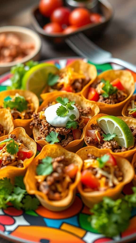 Mini taco salad cups filled with seasoned meat, cheese, and fresh toppings on a colorful platter.