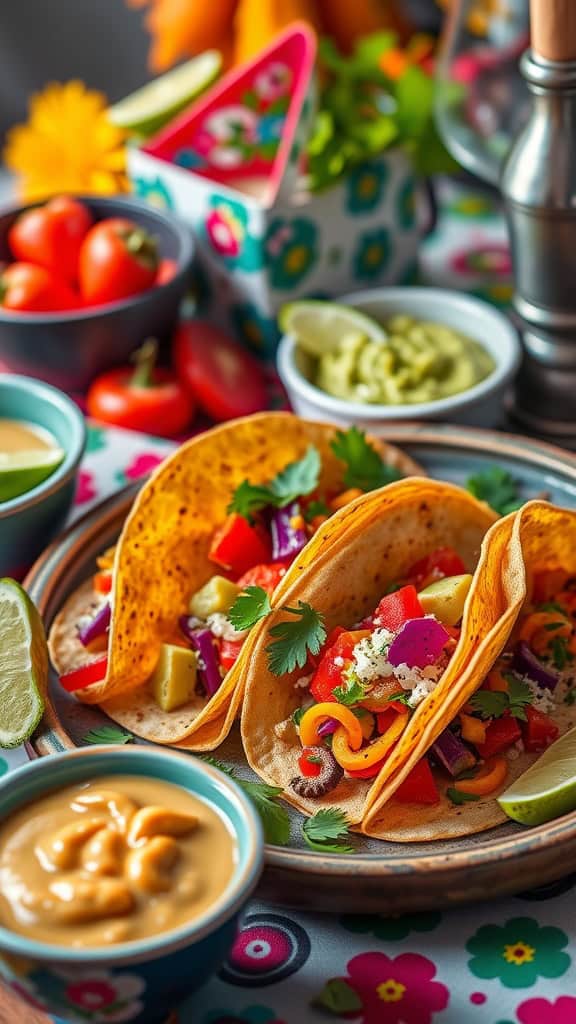 Mini tacos with vegetables and guacamole on a colorful table setting