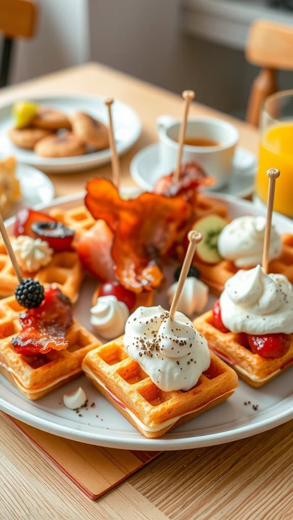 A delicious assortment of mini waffle sandwiches with various toppings.