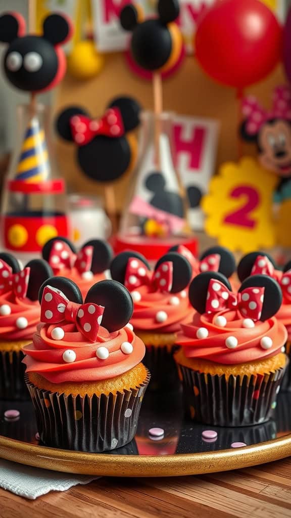 Delicious Minnie Mouse-themed cupcakes with polka dot frosting, decorated with fondant ears and bows.