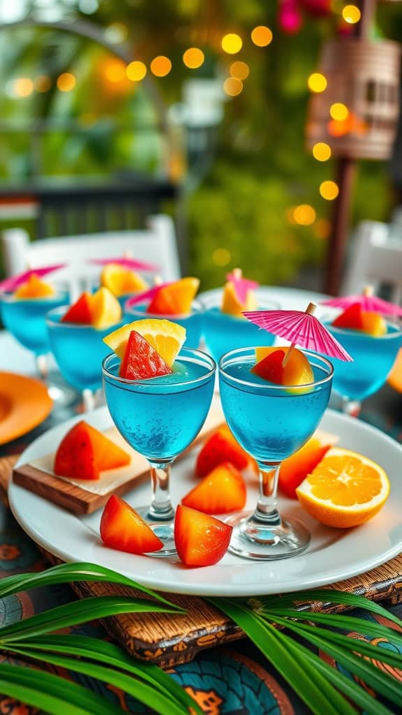 Colorful Ocean Blue Jello Cups with fruit garnishes and mini umbrellas, perfect for a Moana-themed party.