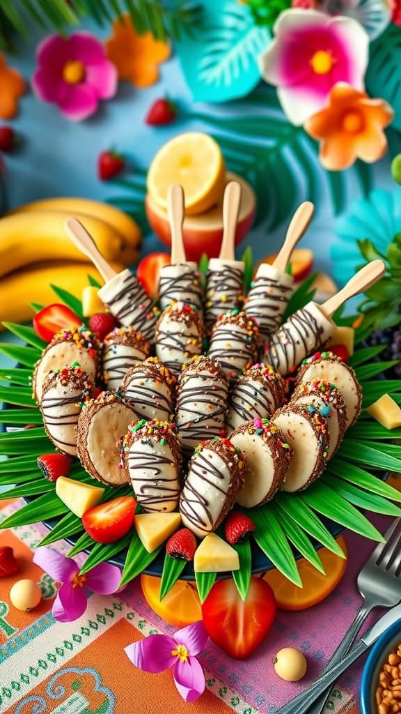 Coconut chocolate dipped bananas on a colorful platter.