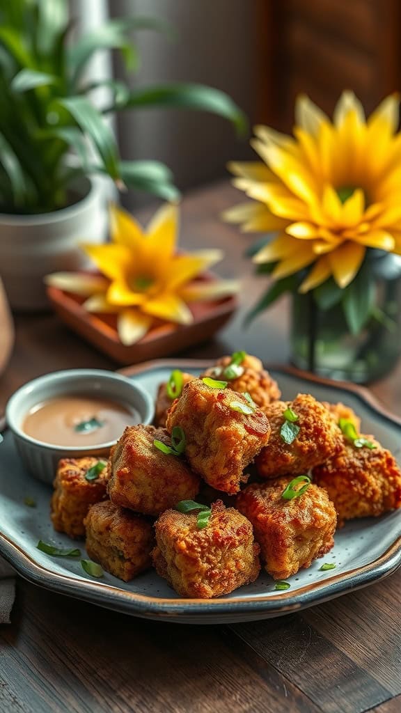 Mochiko chicken bites served on a plate with a dipping sauce.