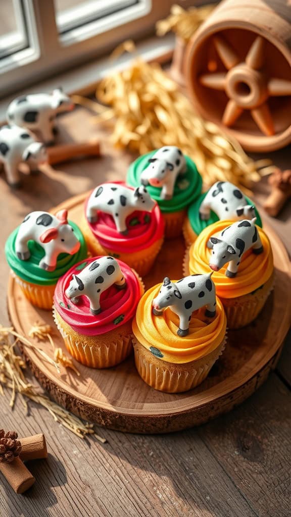 Colorful cow print cupcakes with cow figurines on top.