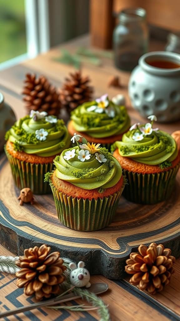 Decorative moss cupcakes with green frosting and edible flowers on a wooden table