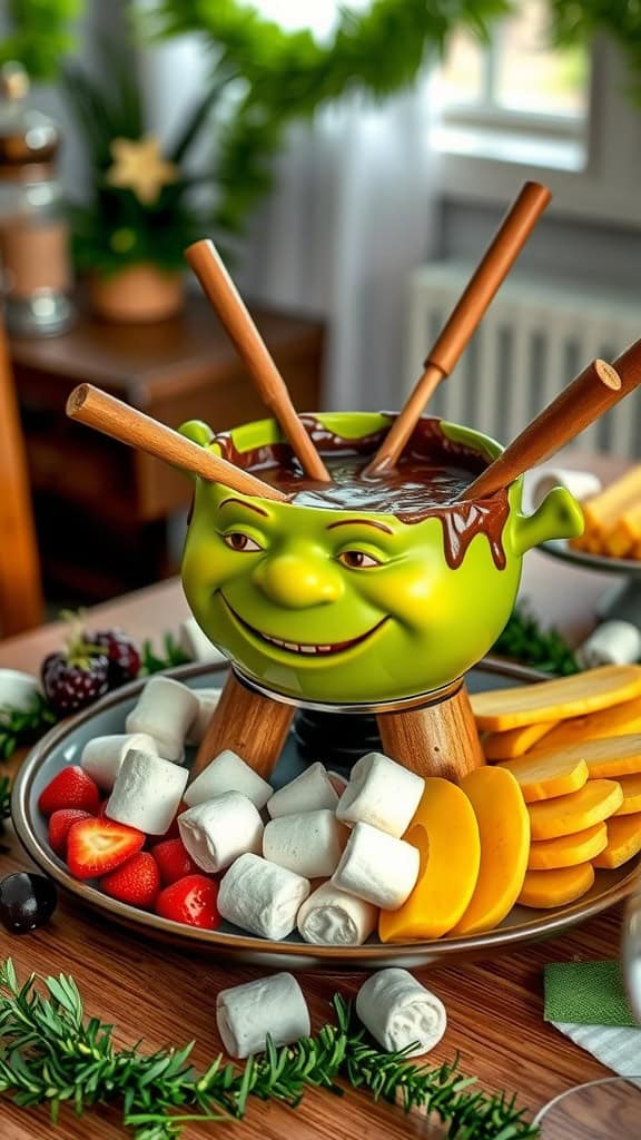 A Shrek-themed chocolate fondue pot with marshmallows and fruits for dipping.