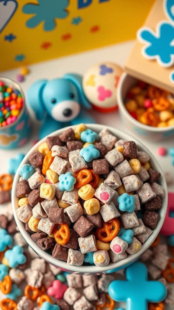 A delicious bowl of Muddy Paws Puppy Chow, with colorful ingredients mixed together for a fun party treat.