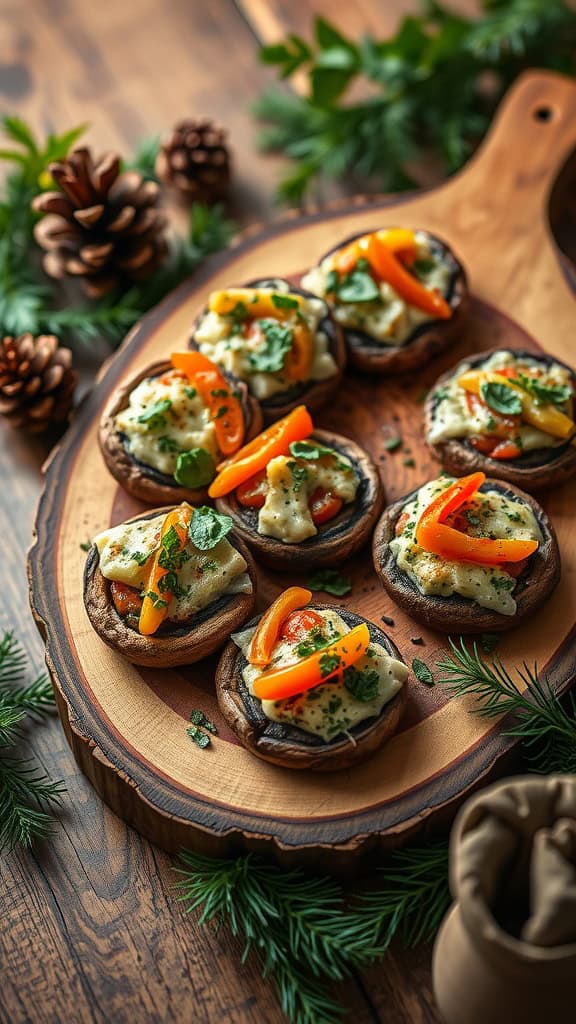 Mushroom cap pizzas topped with cheese and vegetables on a wooden board.