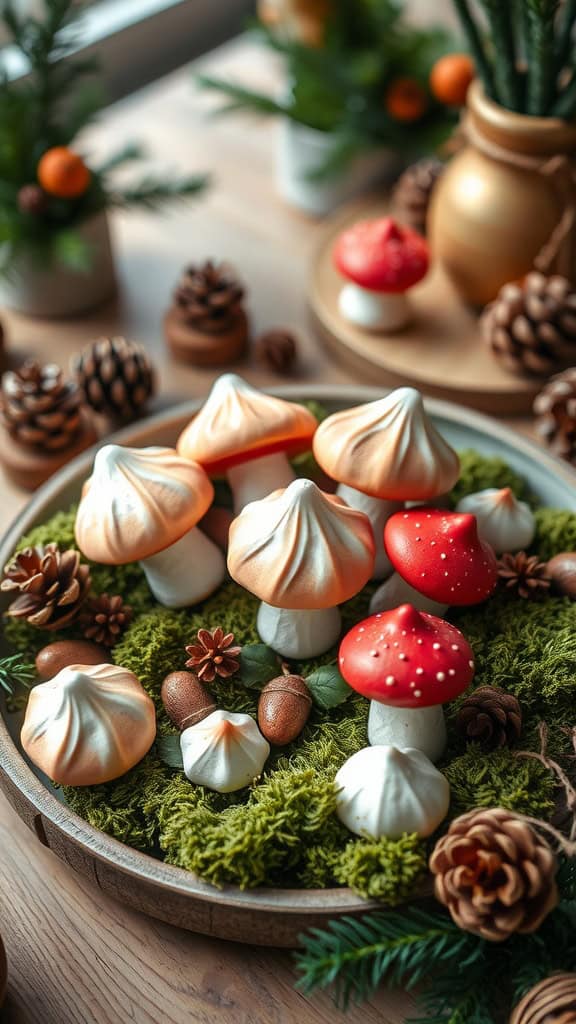 Mushroom Meringue Cookies shaped like mushrooms, colorful and whimsical dessert.