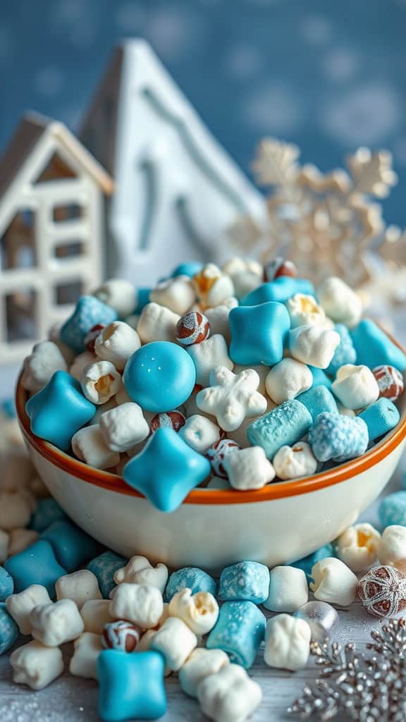 A bowl of colorful trail mix with blue and white candies, popcorn, and marshmallows