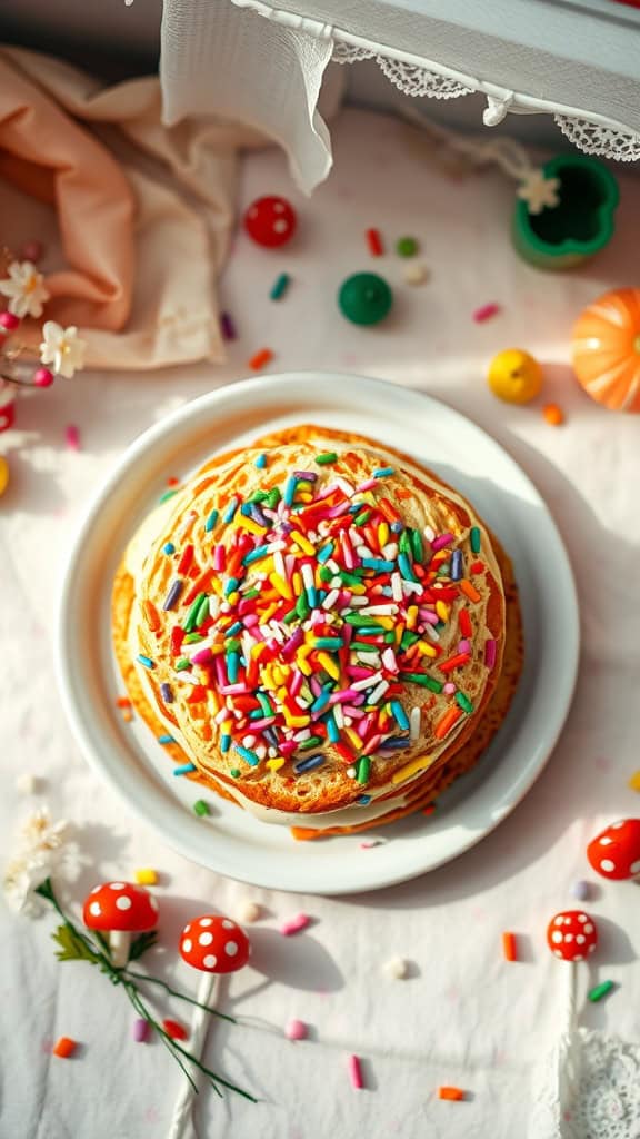 Colorful slices of fairy bread topped with rainbow sprinkles on a plate