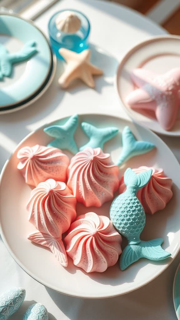 Pastel-colored meringue kisses shaped like mermaids and shells, dusted with shimmer