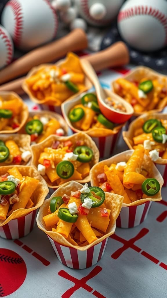 Nacho cups filled with cheese, jalapeños, and toppings, served on a baseball-themed table.