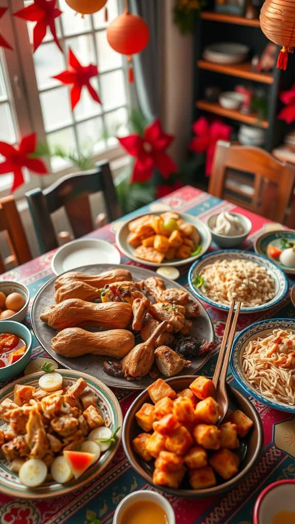 A beautifully arranged spread of Filipino party food for New Year's celebration.