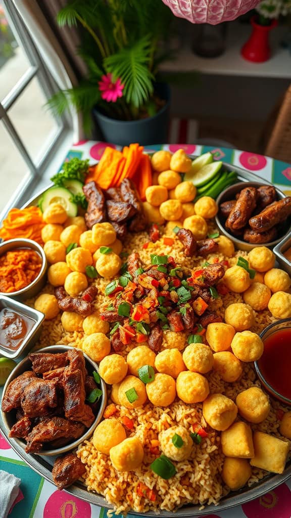 A vibrant Nigerian party food spread featuring jollof rice, puff-puffs, and grilled meats.