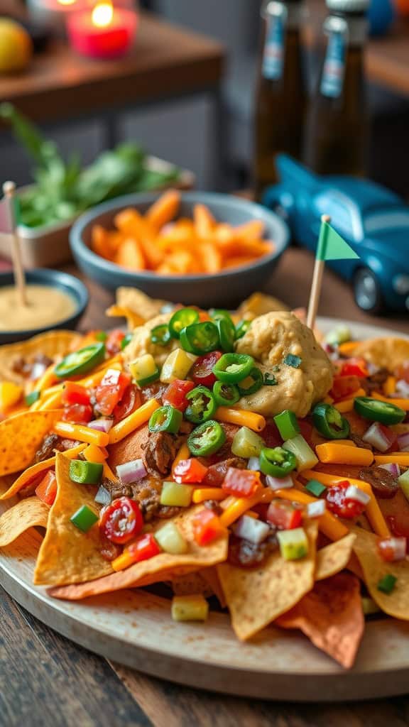 A colorful nacho platter with various toppings for a race car themed party.