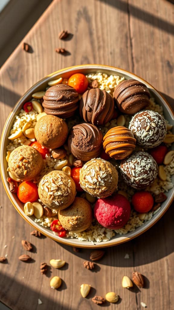 A platter of colorful no-bake energy balls with various flavors.