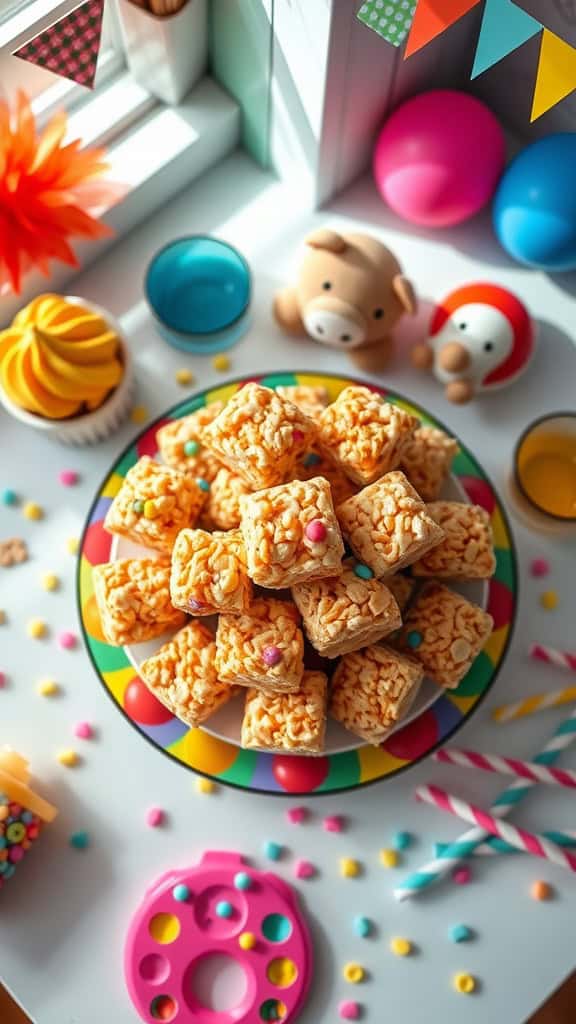 A colorful plate filled with Peanut Butter Rice Krispie Bites, perfect for kids' parties.