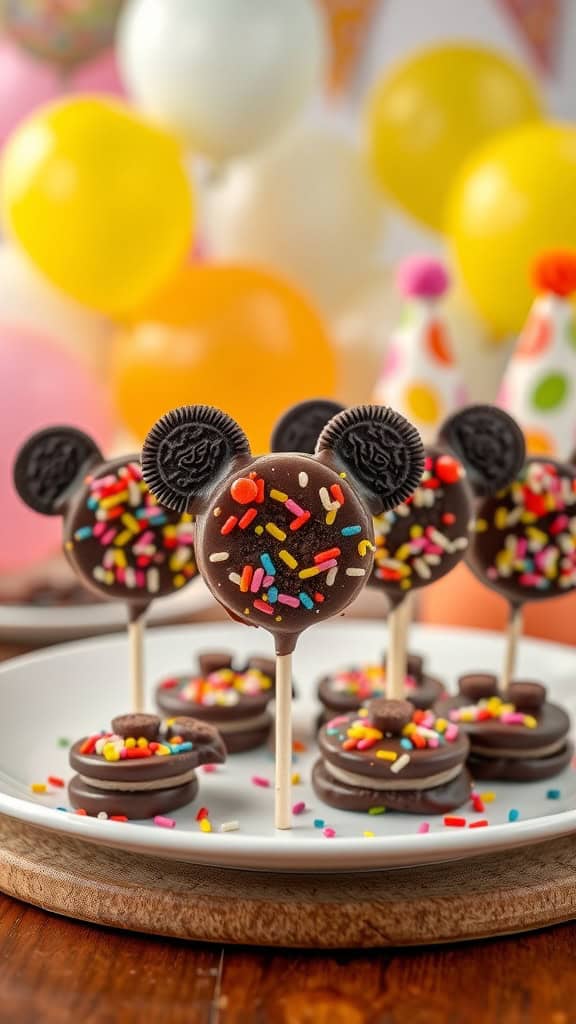 A plate of cute no-bake Mickey Mouse Oreo pops decorated with colorful sprinkles.