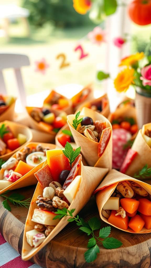 Charcuterie cone cups filled with a variety of cheeses, meats, fruits, and nuts, garnished with herbs.