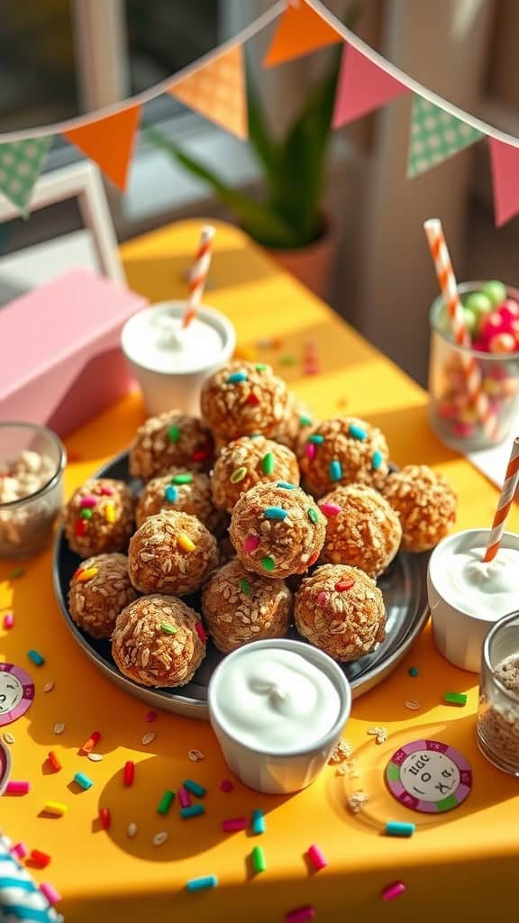 A plate of colorful No-Bake Oat Balls decorated with sprinkles, with yogurt dips on the side.