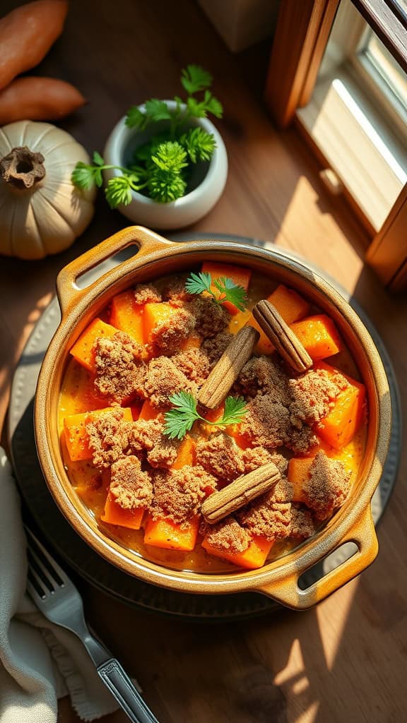 Nut-free sweet potato casserole topped with a crunchy cinnamon mixture, served in a ceramic dish.