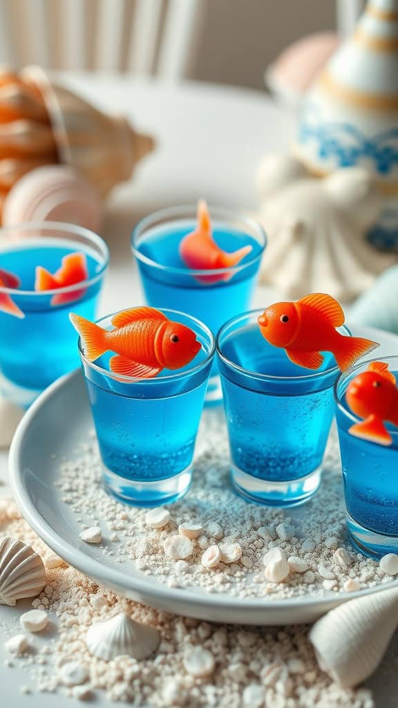 Ocean-Inspired Jello Cups with gummy fish candies