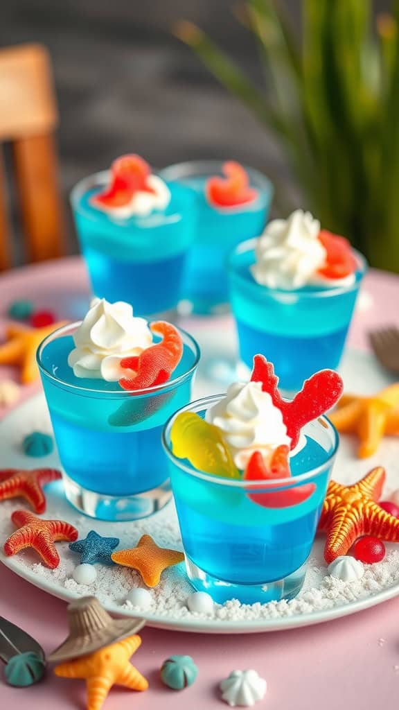 Colorful ocean-themed blue Jello cups with whipped cream and gummy sea creatures.