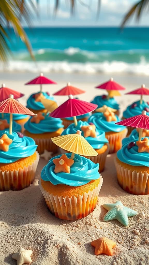 Ocean-themed cupcakes with blue frosting, starfish decorations, and tiny umbrellas