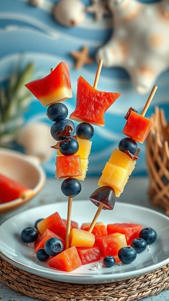 Colorful fruit skewers featuring watermelon, pineapple, and blueberries arranged for a birthday party.