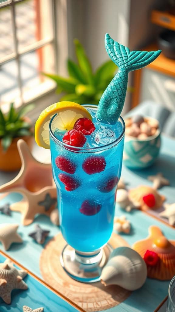 A vibrant blue mocktail with lemon and raspberries garnished with edible glitter.