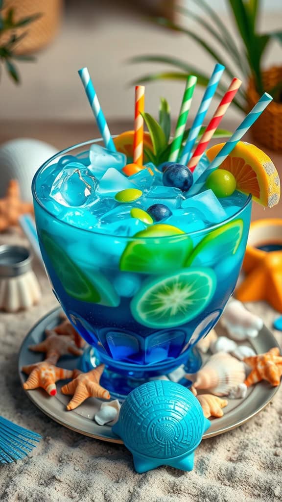 A vibrant blue punch with fruit slices and colorful straws, perfect for ocean-themed parties.