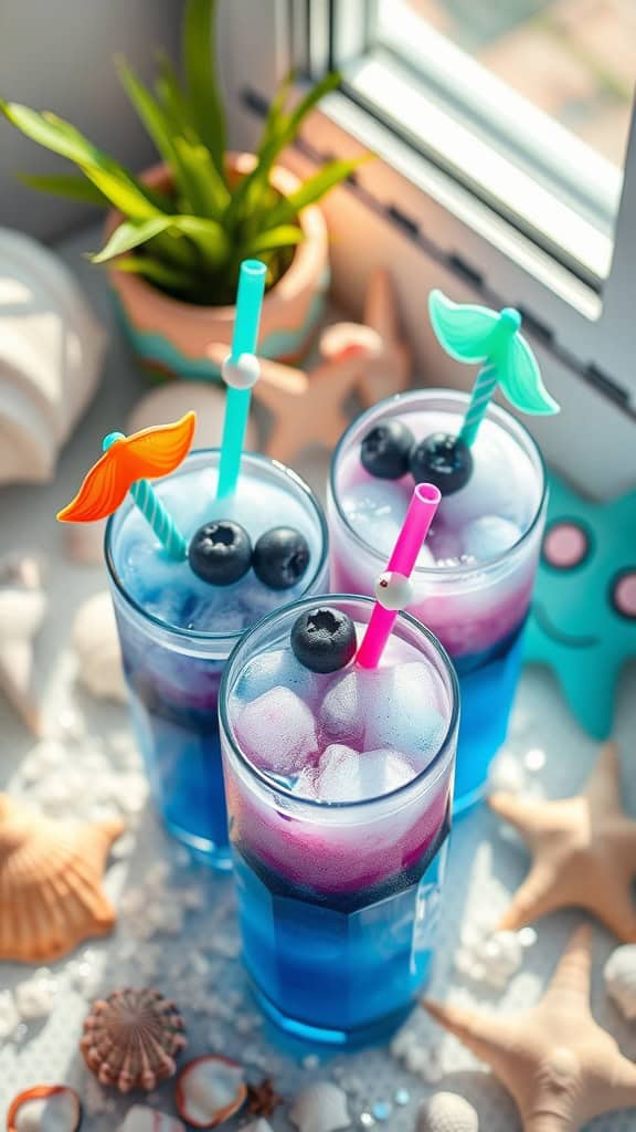 Bright blue slushies with blueberries and mermaid straws