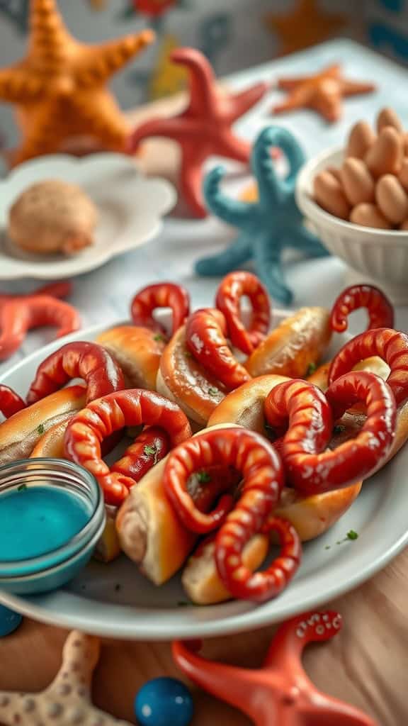 Creative octopus hot dogs with tentacle shapes and a blue dipping sauce