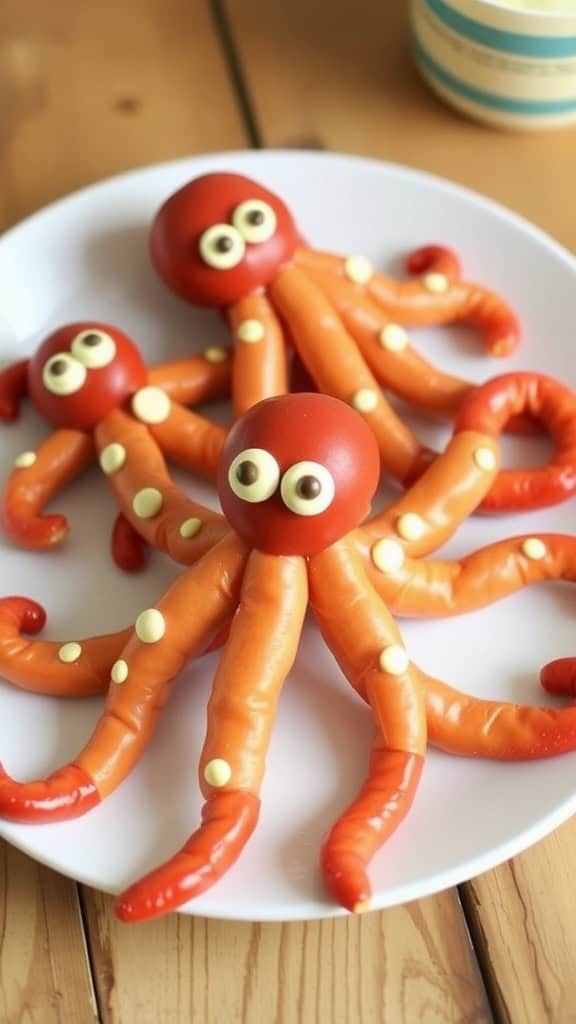 A creative presentation of octopus-shaped hot dogs, perfect for ocean-themed parties.